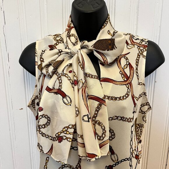 Bar III Sleeveless Equestrian Print Bow Neck Blouse, Size Medium - Picture 3 of 9